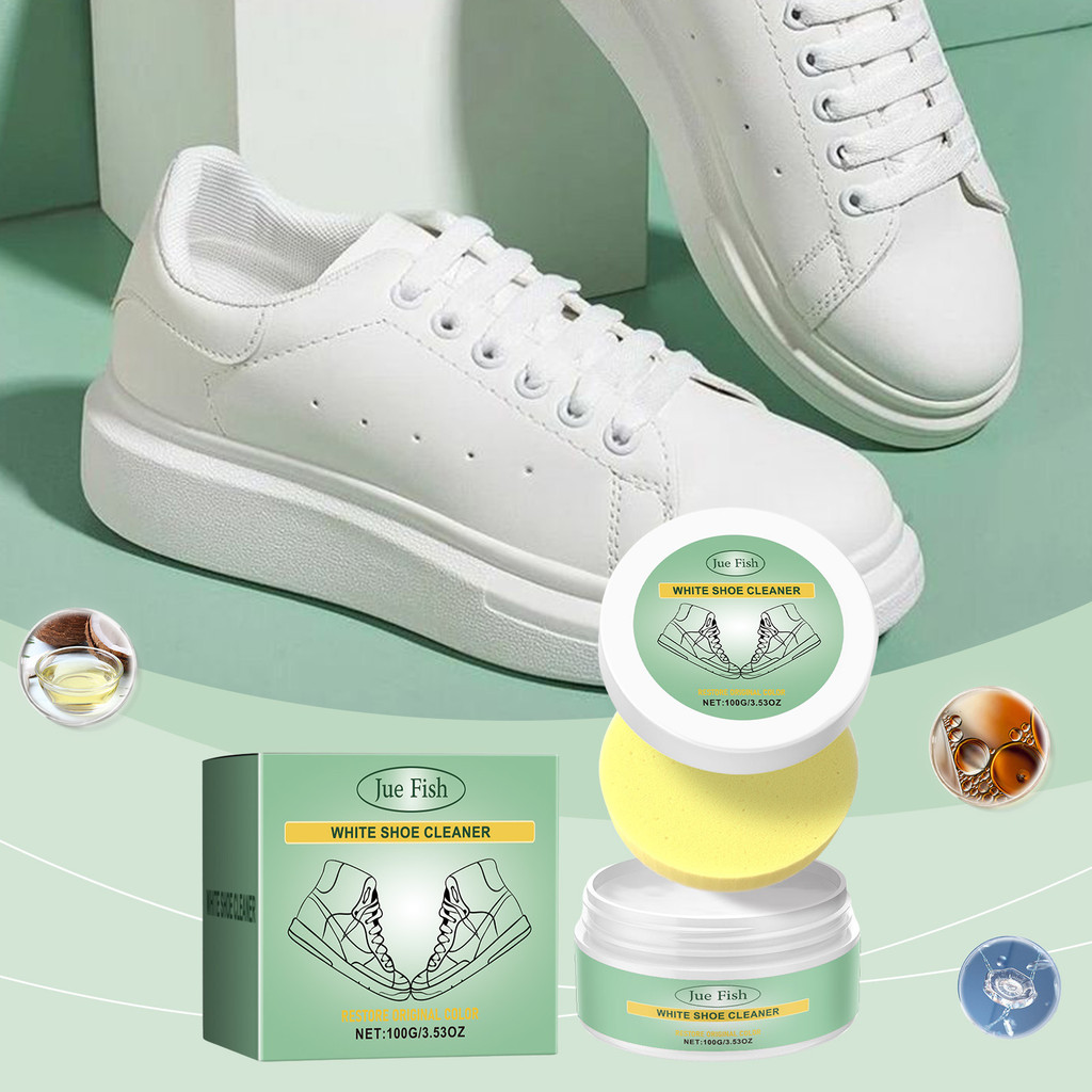 Jue Fish White Shoe Cleaning Cream รองเท้าหนังสะอาด รองเท้าสีขาว One Rub White Disposable Portable C