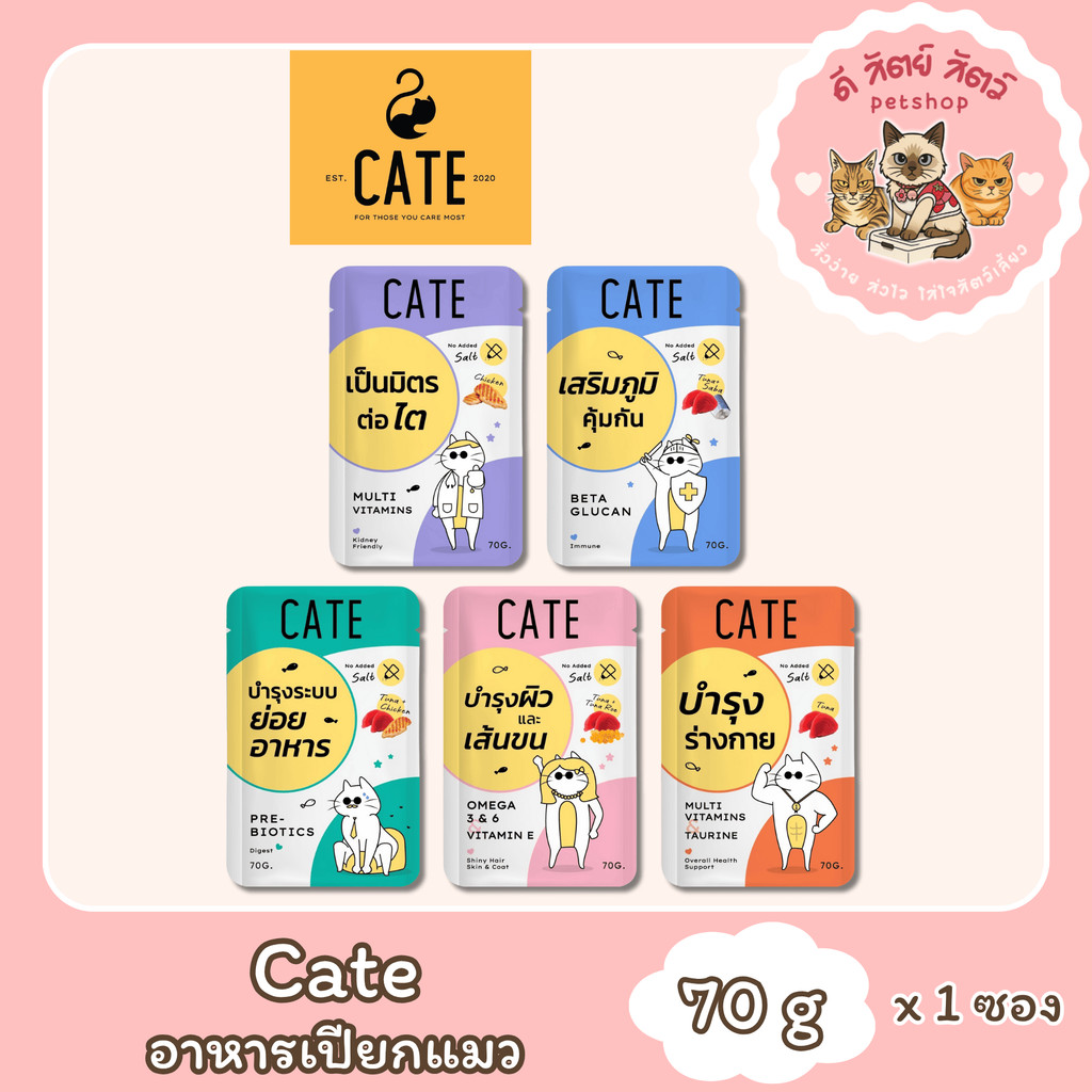 Cate Wet Food อาหารเปียกแมว 5 สูตร ไม่เติมเกลือ Vitamin E, A, B1, B2, B6, B12, D3, K3, Omega3,6 [1 ซ