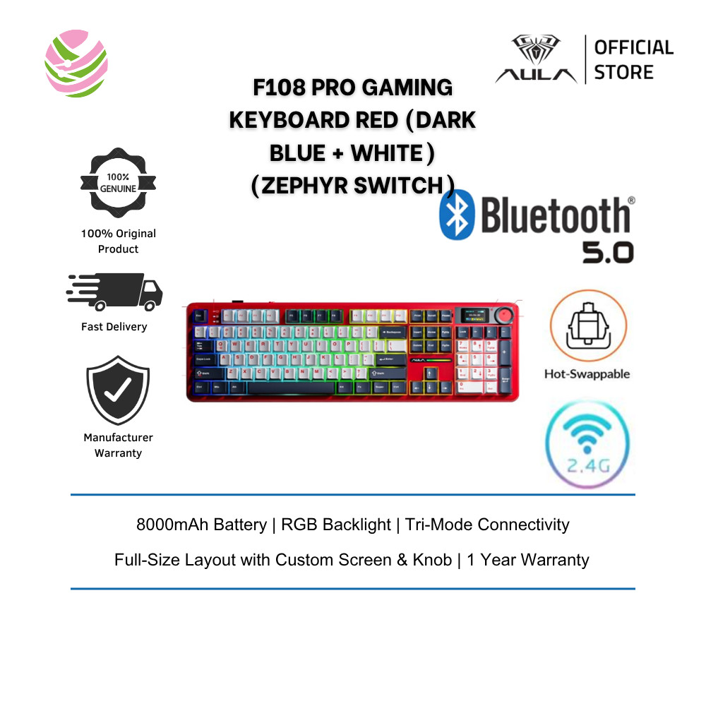 Aula F108 Pro Wireless Gaming Keyboard สีแดง (สีน้ําเงินเข้ม + สีขาว) ปุ่มกดด้านข้าง Zephyr Switch
