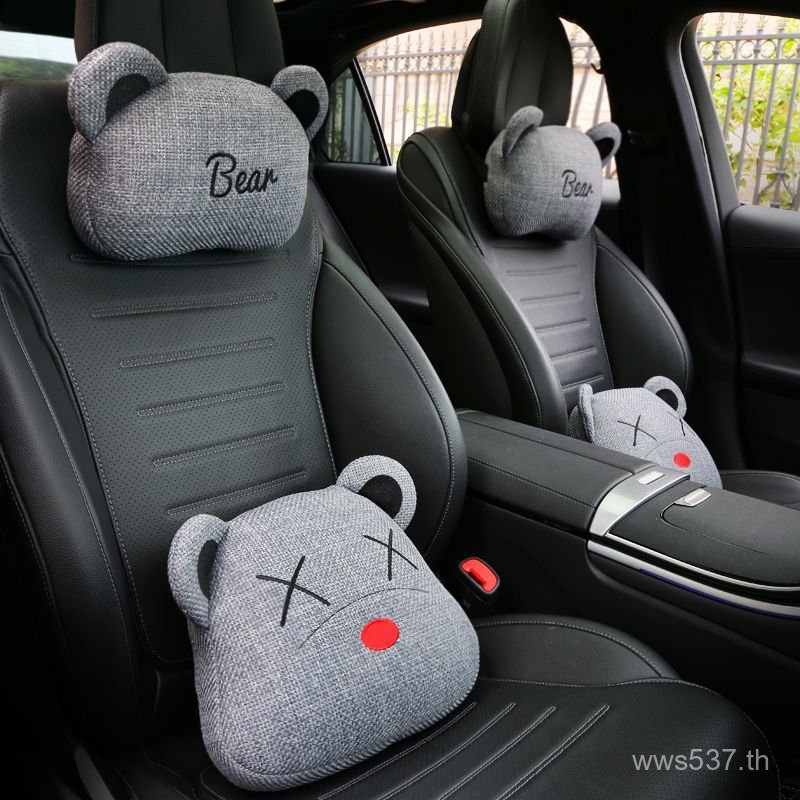 หมีคอหมอนหญิงรถเอวสนับสนุนผ้าลินินพนักพิงศีรษะน่ารักที่นั่งรถการ์ตูนเบาะพนักพิงหมอนรถ 5XCX