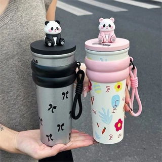 MUKUKU แก้วน้ำสแตนเลส 700 มล 304 มีหลอด เก็บอุณหภูมินาน การ์ตูนแพนด้า
