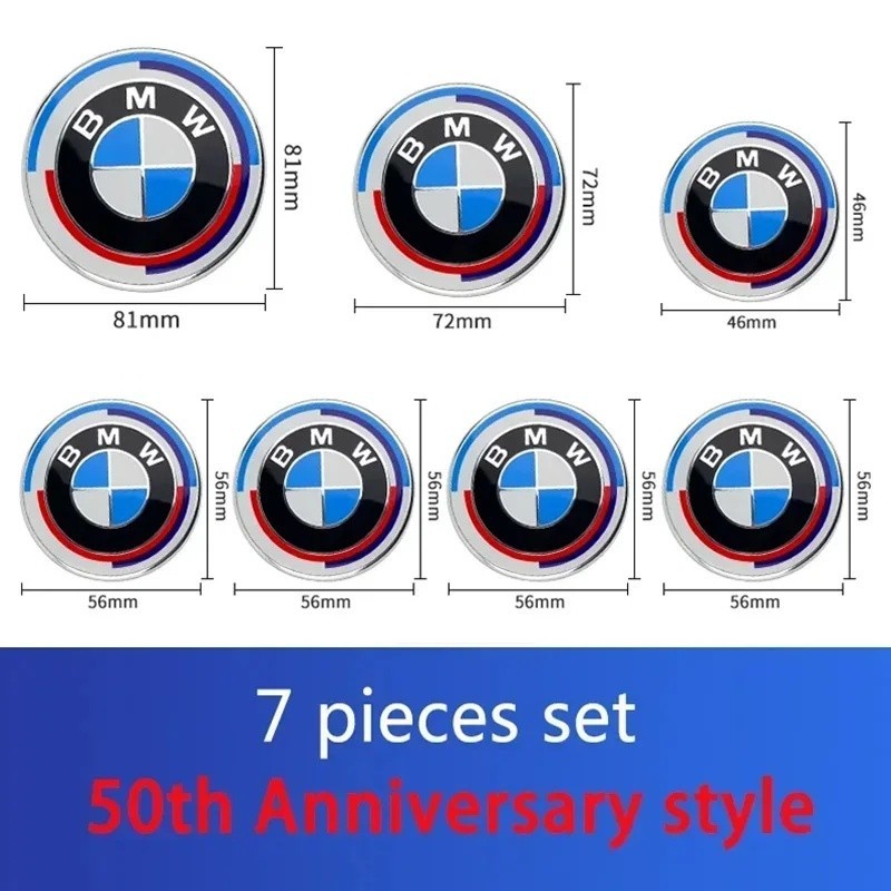 2024 ใหม่ 7 ชิ้นด้านหน้า Hood Emblem สําหรับ BMW 50th Anniversary โลโก้ 82 มิลลิเมตร + ด้านหลังป้าย 