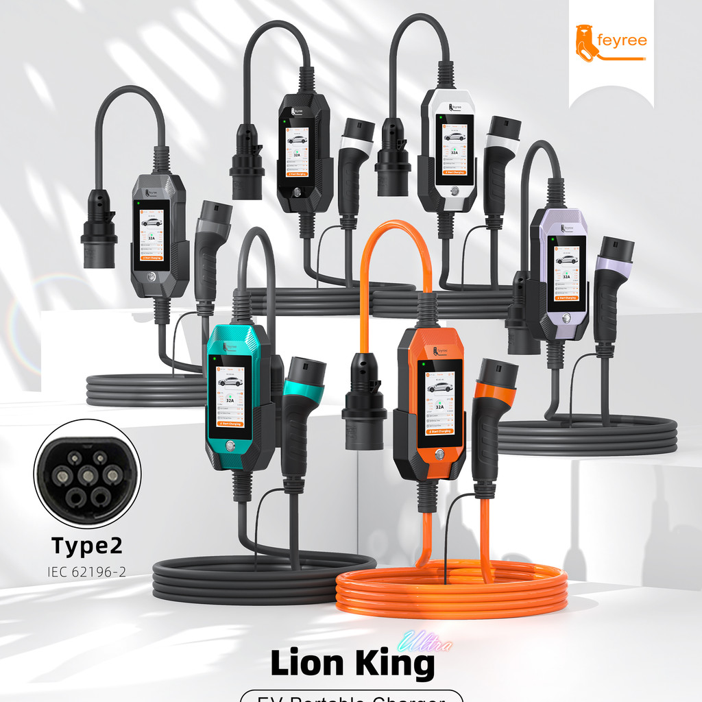 Feyree แบบพกพา EV Charger Type2 7kW ปลั๊กชาร์จ 4.3 นิ้วหน้าจอสัมผัสสมาร์ท Wifi APP AC Home Charger ก