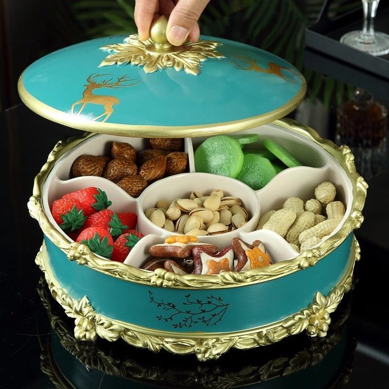 สไตล์ยุโรป High-Appearance Luxury จานผลไม้แห้งพร้อมฝาปิดขนมถั่วลิสงเมล็ดทานตะวันมัลติฟังก์ชั่นช่องจั