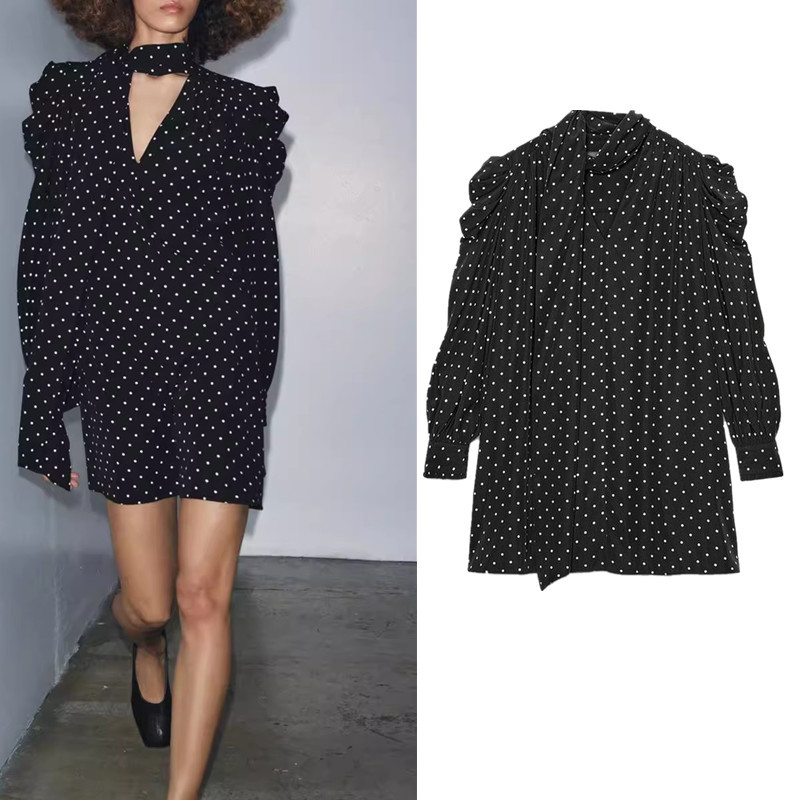 ZARA เดรสแขนยาวคอกลม พิมพ์ลายจุด สไตล์ผ้าพันคอ 9261122