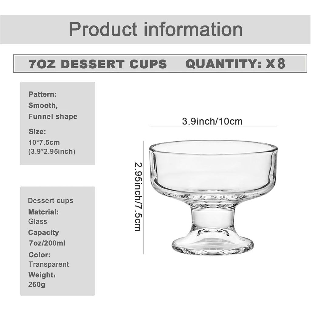 8 Pack Glass Ice Cream Cups,Glass Dessert Bowls,7oz Mixed Drinks Cups for Drinks,Dessert,Nuts,Fruit,