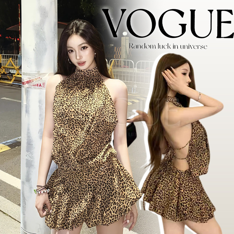 Vogue🌟พร้อมส่ง🌟 ชุดมินิเดรส ดีเทลลายเสื้อสีน้ำตาล เว้าหลังสุดแซ่บ (FY2985)