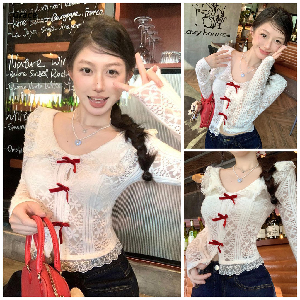 [Grace] (Ready Stock) Y2K Style Short Lace Shirt Slim-fit Slimmer Look Sexy White Top GRL212 #