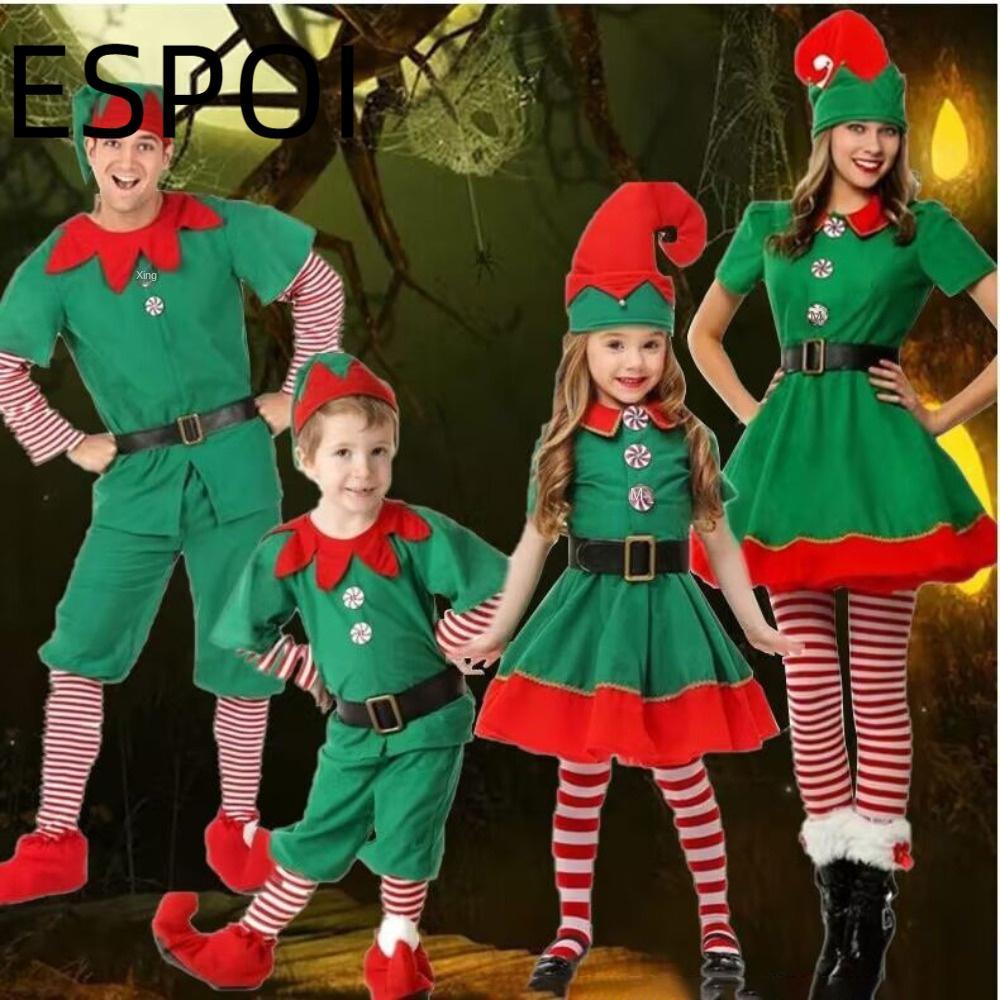 ESPOI ชุดเอลฟ์สีเขียวสำหรับครอบครัว ชุดคอสเพลย์คริสต์มาสสำหรับพ่อแม่และลูก