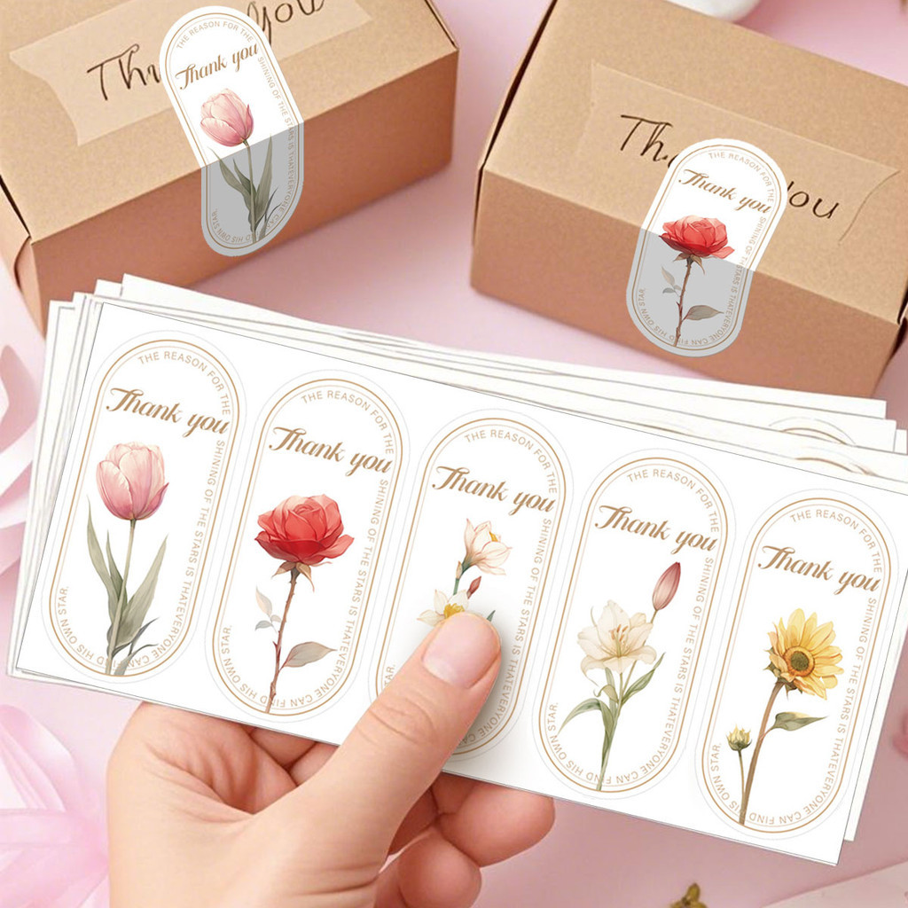 สติ๊กเกอร์ลายดอกไม้ ไดคัททรงวงรี ขนาดไซส์ 3.5x8 cm.สติกเกอร์ตกแต่งสินค้า สติกเกอร์Thank you