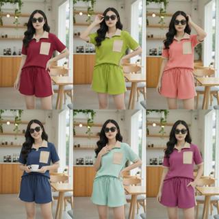 ชุดเซ็ท คอปกแต่งกระเป๋า ผ้าทอฟฟี่ S320 แขนสั้นขาสั้น มีกระเป…