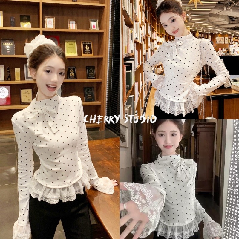 Cherry 🦄พร้อมส่ง🦄 เจ้าเจ้าหญิงลายจุดโบว์เรียบหรู ครอปเกาหลีแต่งลูกไม้ทรงเข้ารูปสไตล์แฟชั่นเกาหลี เรียบหรู ชุดเจ้าหญิง