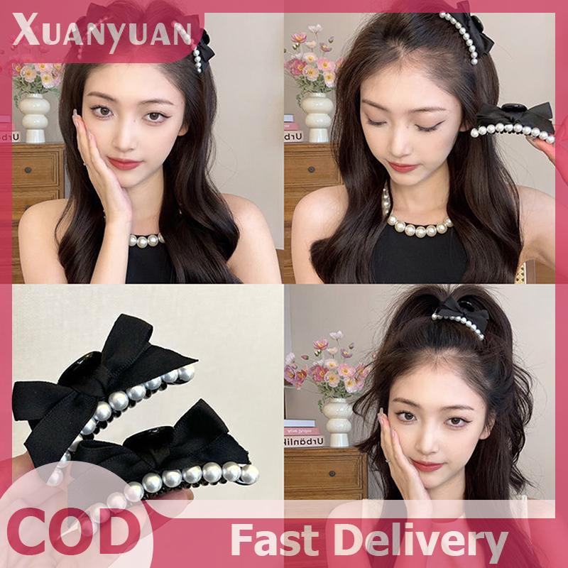 โบว์เพิร์ลขนาดเล็กสำหรับหางม้า สไตล์คลิป ผมดำ พร้อมบาร์เรตส์