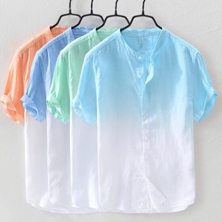 Hawaii Half Short-Sleeved Shirt Men Stand-Up Collar Ice Silk Beach Fresh Gradient Colorful Ruffian Handsome Casual Shirt