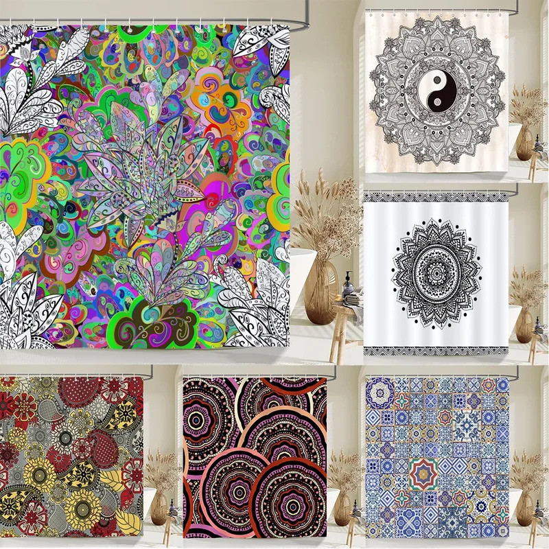 Indian  Bohemian Fabric Shower Curtain Bathroom Curtains Boho Mandala Waterproof Fabric Bath Screen 