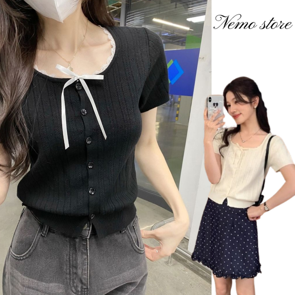 Nemo store🌸เสื้อเชิ้ตสีดำ เสื้อเชิ้ตสีพื้น#95201 เสื้อยืดไหมพรม แขนสั้น คอกลม ดีเทลผ้าร่องแต่งโบว์