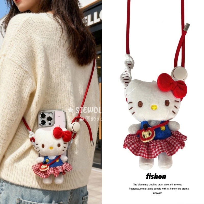 คิตตี้คิตตี้ตุ๊กตาตุ๊กตา ผู้สื่อสาร จี้กระโปรงลายสก๊อตสีแดง เคที โทรศัพท์มือถือกลับคลิปสไตล์ ผู้สื่อสาร เชือกเส้นเล็กของขวัญสําหรับแฟน
