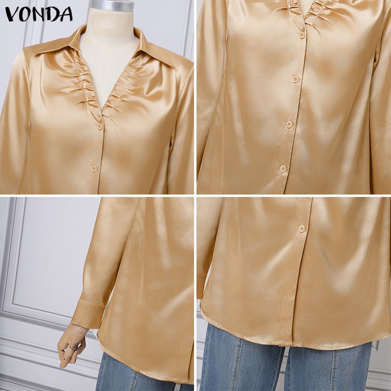 VONDA ผู้หญิงเกาหลีลําลองปกจีบ Silky ซาตินแขนยาวเหมาะกับทํางานเสื้อเชิ้ตสํานักงาน — صورة 7