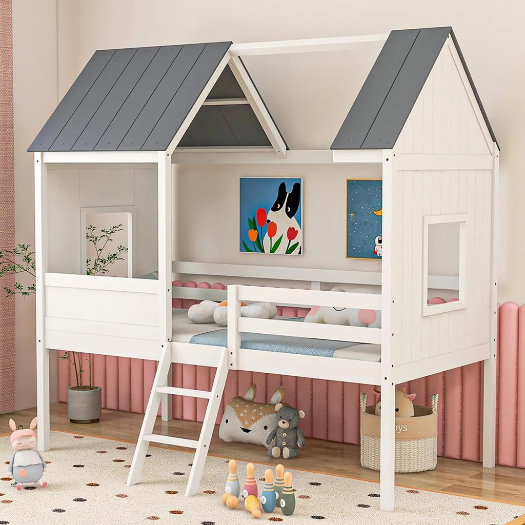 Twin House Bed Frame Kids Low Loft Bed Frame พร้อมหลังคาด้านข้าง Windows & บันไดไม้ Slatted สนับสนุน