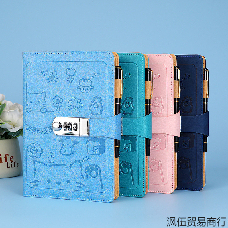 Hot Sale#New a5Password Notebook with Lock, Thickened Diary, Japanese and Korean Style, Fresh Leathe