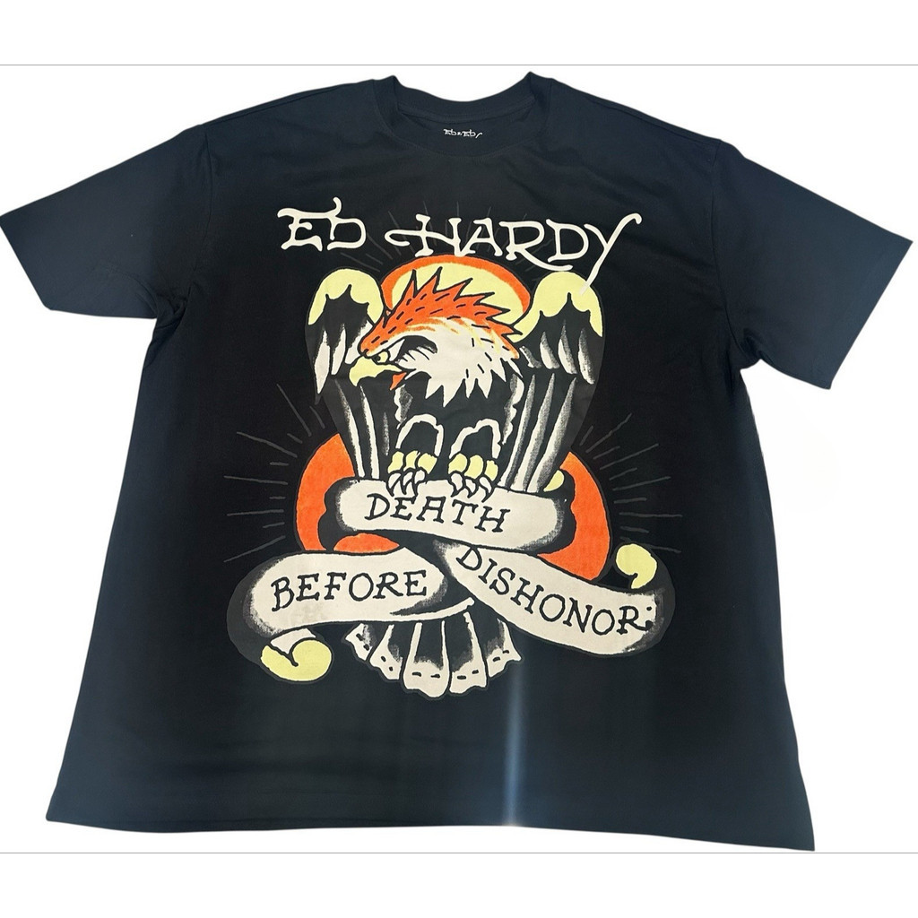 Ed hardy ผ้าฝ้าย 100% ผู้ชายผู้หญิงสไตล์เดียวกันเสื้อยืดแขนสั้น Death Before Shame ใหม่พิมพ์พร้อมสต็