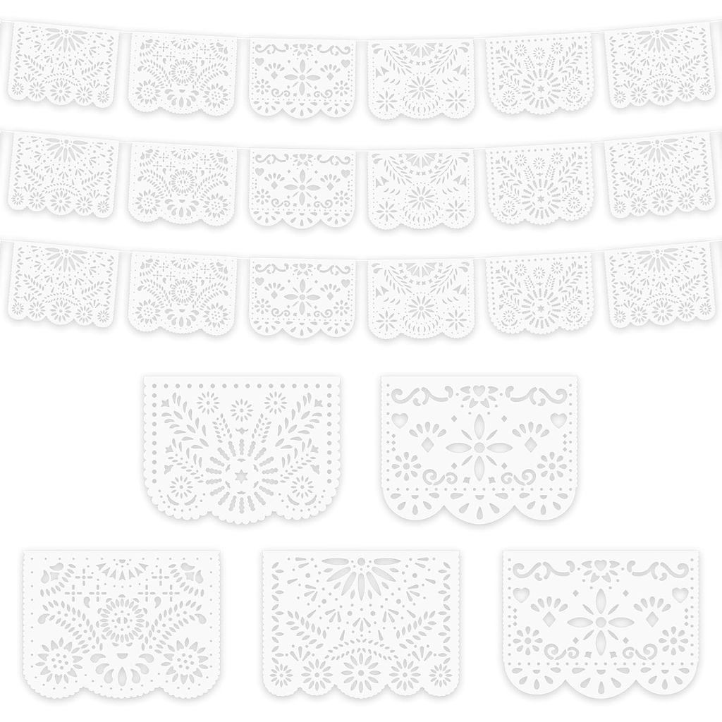 MARFOREVER สีขาว Papel Picado แบนเนอร์, 20 Ft Cinco De Mayo ตกแต่งพลาสติกสีขาวเม็กซิกันแบนเนอร์สําหร