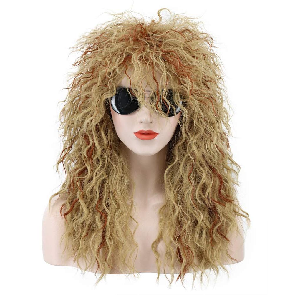karlery Men Women Long Curly Orange Mix Blonde 70s Heavy Metal Rocker Mullet Wig 80s Costume Anime W