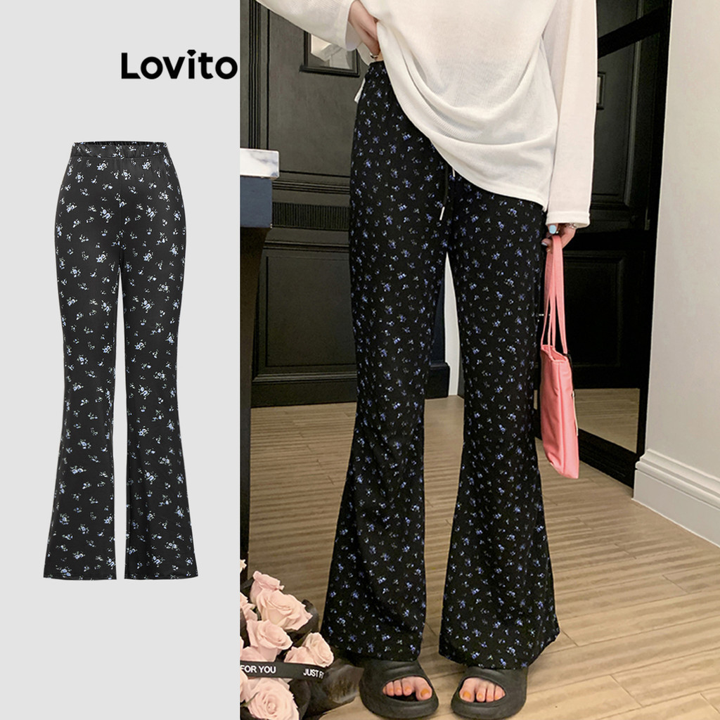 Lovito กางเกงลายดอกไม้สไตล์ลำลองสำหรับผู้หญิง L108ED1069