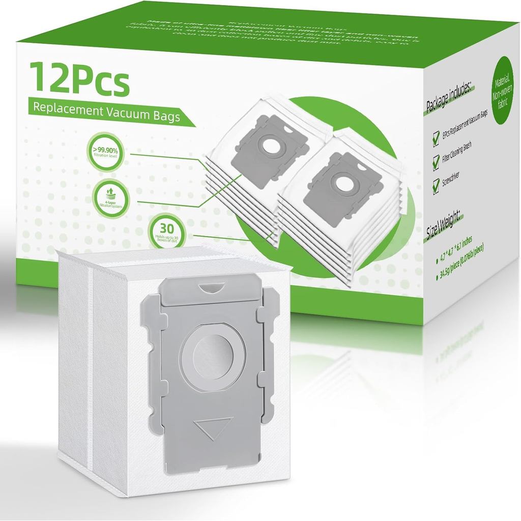 ถุงสูญญากาศ 12 แพ็ค, การกรองฝุ่นที่มีประสิทธิภาพ, เข้ากันได้กับ iRobot Roomba i& s & j Series, สําหร