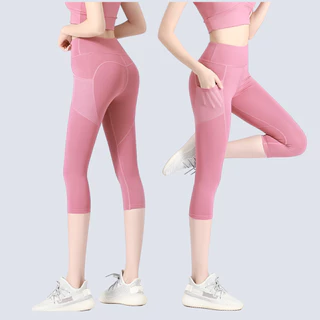 กางเกงออกกำลังกายเอวสูง มีกระเป๋าข้าง เก็บหุ่นสวย ใส่วิ่ง โยคะ ฟิตเนส (S-3XL) กางเกงโยคะมีกระเป๋า กางเกงฟิตเนสผู้หญิง