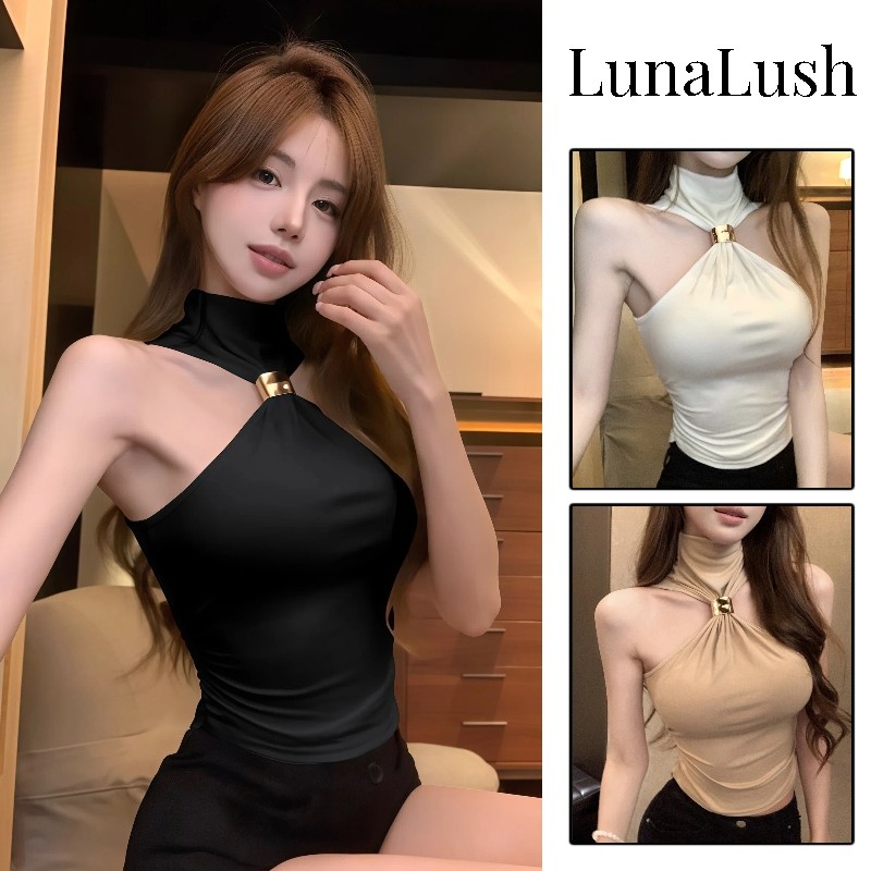 LunaLush✨เสื้อคุณภาพดี เสื้อแขนกุด คล้องคอ สีพื้น เซ็กซี่  สไตล์เกาหลี ทรงรัดพอดี เซ็กซี่