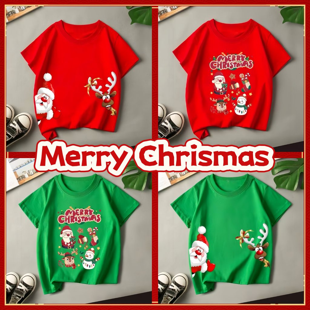 ⭐️Merry Christmas T-shirt⭐️ 2026Happy New Yearเสื้อยืดคริสต์มาสเด็กแขนสั้นสีเขียวน่ารักเหมาะสําหรับการแสดงวันหยุด 90-150
