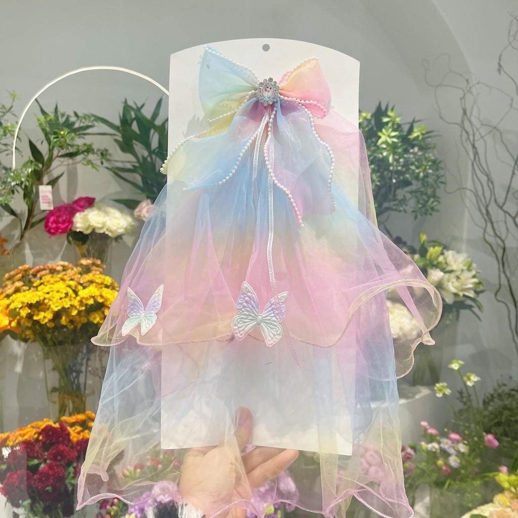 Frozen Elsa Princess Bow Super Fairy Veil เด็ก 雪奇 艾 Princess Princess Bow Super Fairy Head发夹 Sekeen 