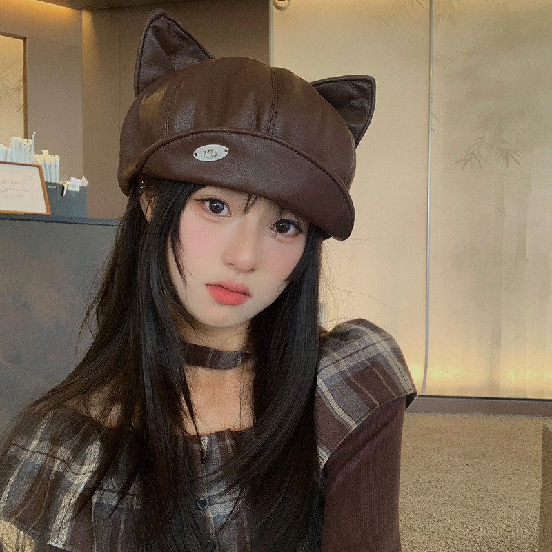 หมวกเบเร่ต์หนังหูแมวน่ารัก สไตล์ญี่ปุ่นสำหรับผู้หญิง