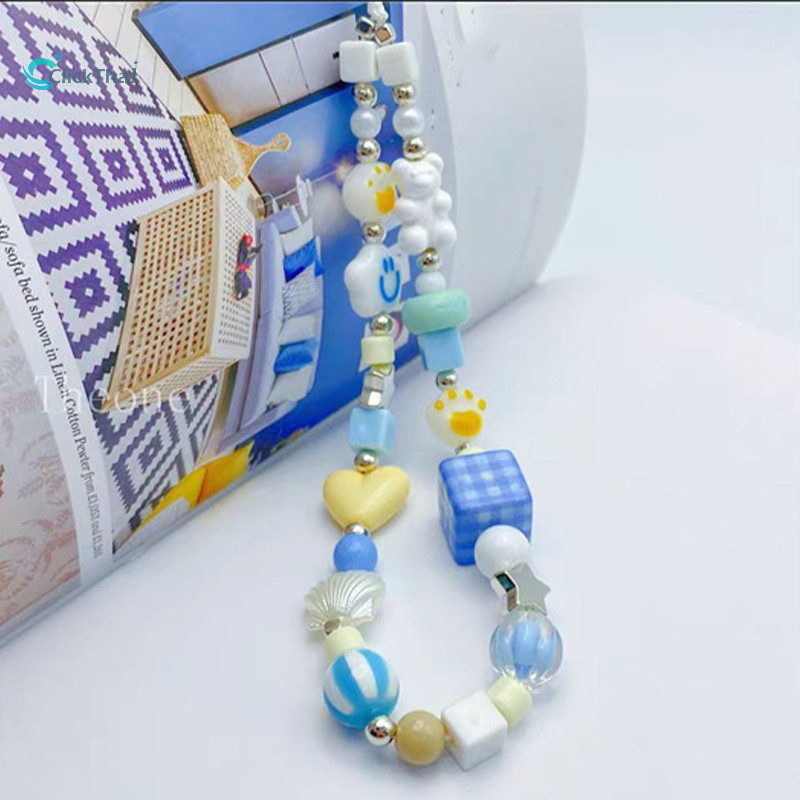 เซรามิค เชือกคล้องโทรศัพท์วินเทจ โซ่ไนลอน CCD Lanyards โซ่กล้อง Grid Smile Bear Bead Phone Chain