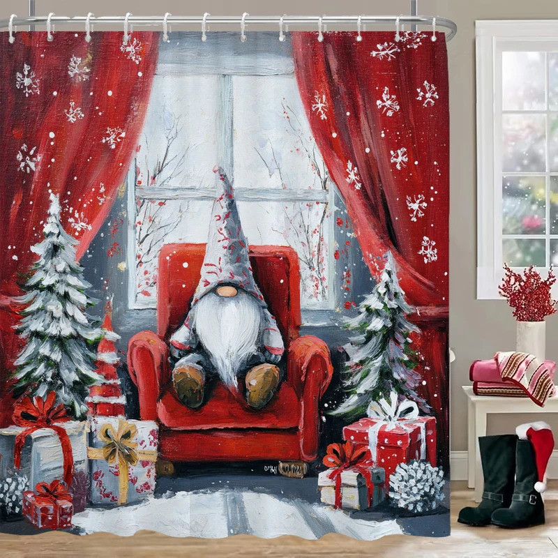 Christmas Shower Curtain, Bathroom Decorative Christmas Happy New Year Shower Curtain, Elf Christmas