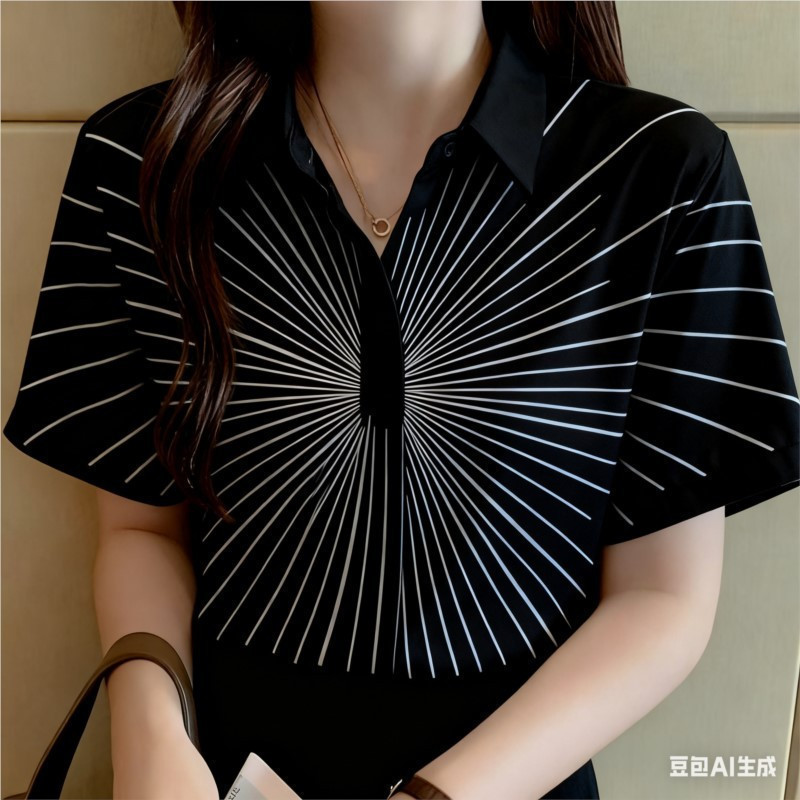 เสื้อเชิ้ตมินิมอลสีดำสำหรับผู้หญิง พิมพ์ลายเต็ม กราฟฟิกและสไตล์ฮาวาย เสื้อลำลองแขนสั้นไซส์บวก