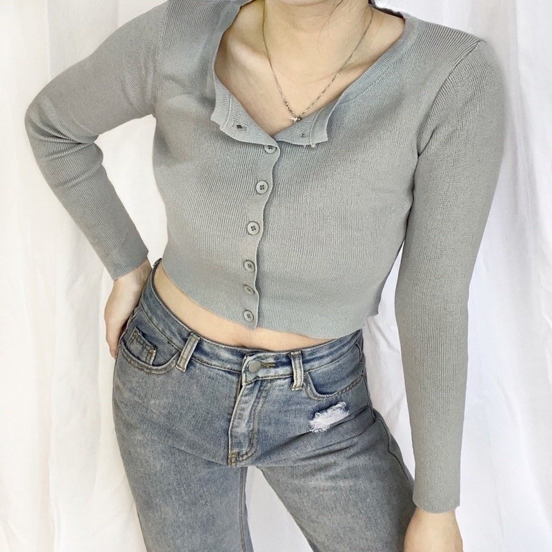 JF003- Realpict! Bailey Crop คาร์ดิแกนถัก Cardi Crop Bailey ปุ่มเสื้อ Crop