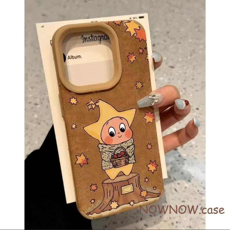 สําหรับ IPhone 17 16 15 14 13 12 11 Pro Max X XR XS Max 7 8 Plus น่ารักดาวสีเหลืองฤดูใบไม้ร่วงใบเมเปิ้ลหนังนิ่มเคสโทรศัพท์นุ่ม