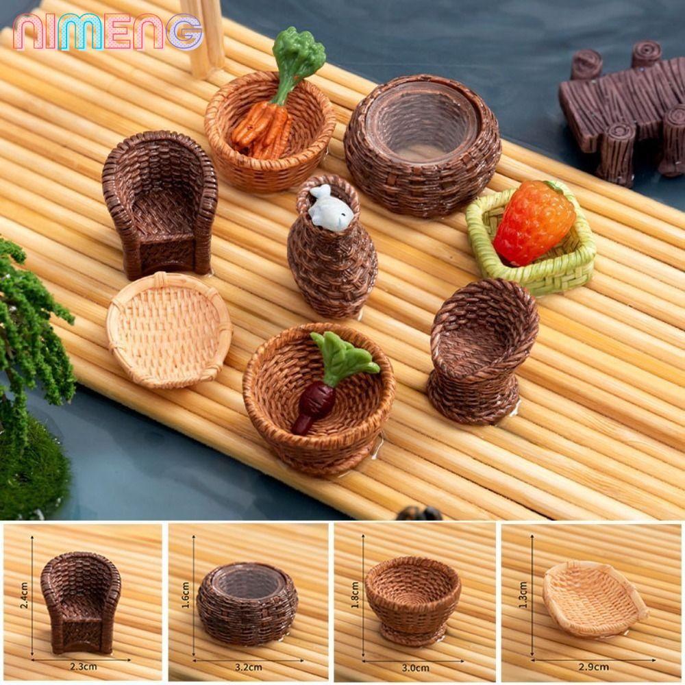 NIMENG ตะกร้าไม้ไผ่เก้าอี้ที่ตักขยะตุ๊กตาเครื่องใช้ในบ้าน Mini Multistyles ตุ๊กตาจําลองตกแต่ง