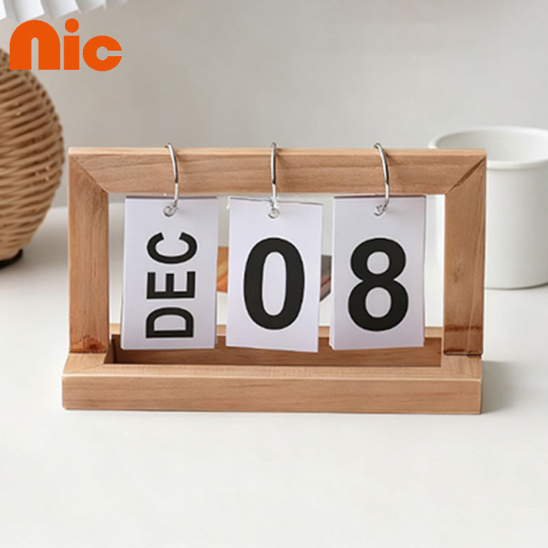NIC ปฏิทินหมุนหน้ากระดาษ ตกแต่งโต๊ะ ทำจากไม้ ปฎิทินตั้งโต๊ะ Wooden Calendar ของแต่งห้องสไตล์มินิมอล 20x11.5x9cm