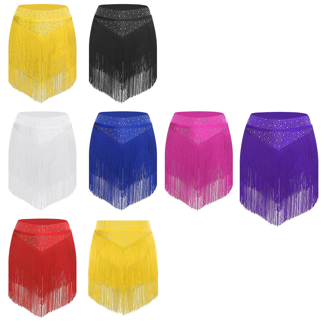 Yeahdor ผู้หญิง Salsa เต้นรําละตินประสิทธิภาพการแข่งขันเครื่องแต่งกายเอวยืดหยุ่น Tiered พู่กระโปรง