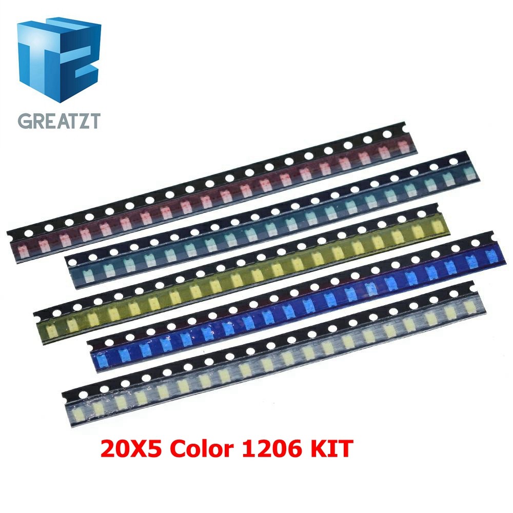 GREATZT 100 ชิ้น = 5 สี x20 ชิ้น 1206 SMD ไฟ LED แพคเกจสีแดงสีขาวสีเขียวสีฟ้าสีเหลือง 1206 ชุด LED