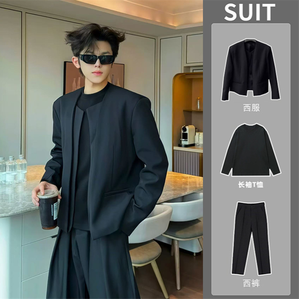 blazer เกาหลี blazer ผู้หญิง Collarless Blazer ผู้ชาย สำหรับฤดูใบไม้ผลิและฤดูใบไม้ร่วง สไตล์โมเดิร์น