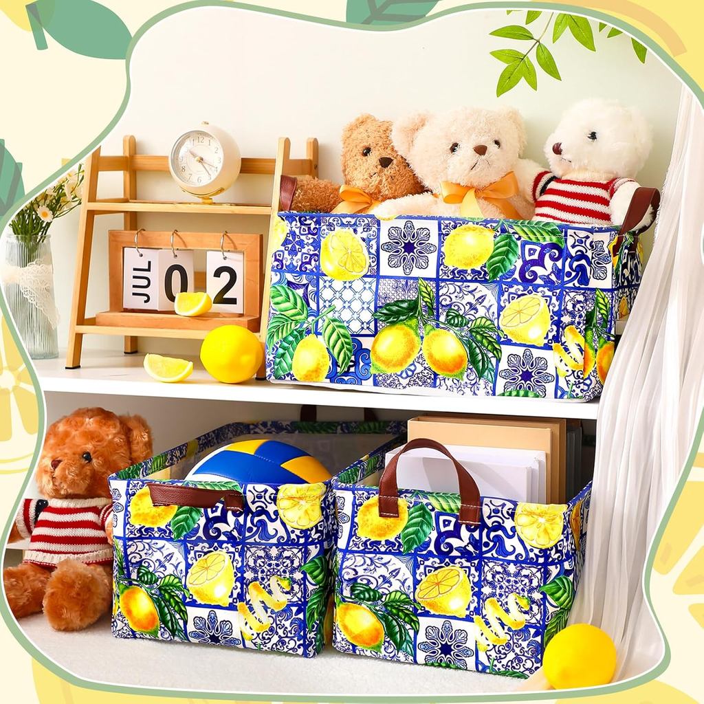 Boao 3 Pcs Capri Lemon Storage Bin Wildflowers Collapsible Large Storage Baskets for Gifts Canvas La
