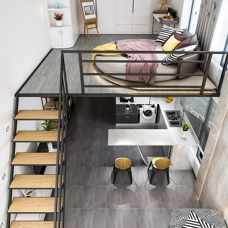 Iron Art Loft Shop ช่องอพาร์ทเมนท์ Loft Bed Compound Type 2 ชั้นเตียงยกระดับชั้นวางแพลตฟอร์มการปรับแ