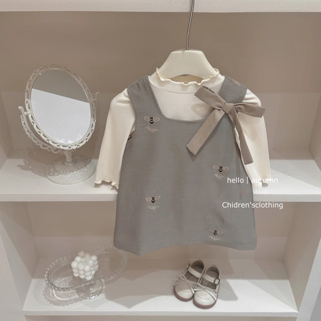 ฤดูใบไม้ร่วงฤดูหนาวชุดโบว์ยกทรงชุดแขนยาวคอเต่าสําหรับสาว1-8ปี สะระแหน่ กวางโจว-GS1459