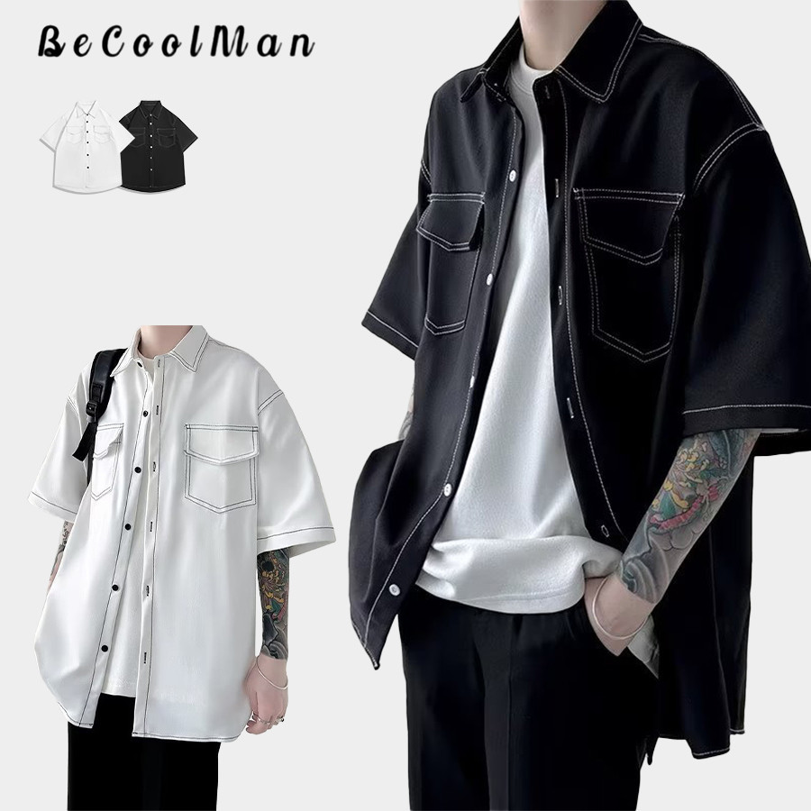 💥BecoolMan💥เสื้อเชิ้ตสไตล์เรียบง่าย การออกแบบเส้นบุคลิกภาพ ใส่ได้ทั้งชายและหญิง สีดำ/สีขาว แฟชั่นแมทช์ง่าย แบบหลวมลำลอง