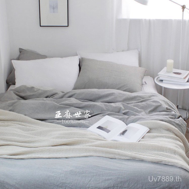 ชุดผ้าปูที่นอนผ้าลินินแท้ 4 ชิ้น ทำความสะอาดโดยเอนไซม์ สไตล์ธรรมชาติ OQ5M IP2P