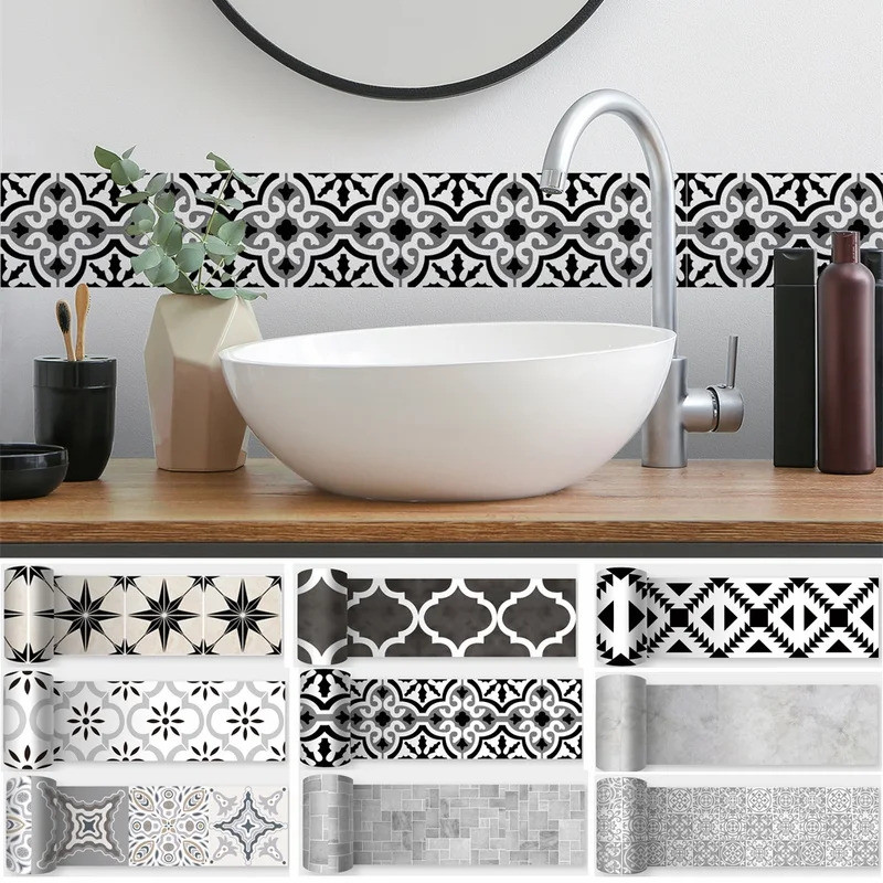 10x200cm Baseboard Sticker Moroccan Mosaic Tile Style Wall Border Sticker DIY Kitchen Bathroom Decor